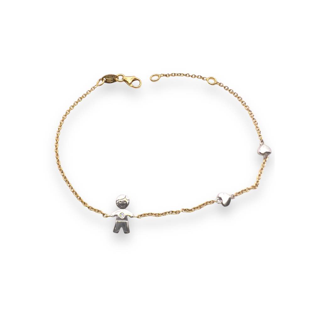 Bracciale in Oro Giallo con Soggetti Bimbo e Cuori in Oro Bianco