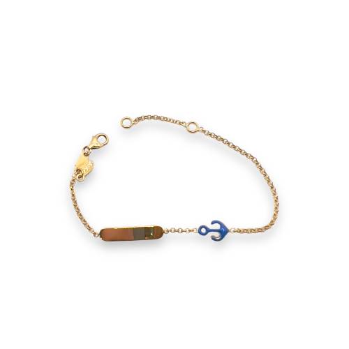 Bracciale Bimbo in Oro Giallo con Targhetta e Ancora Blu