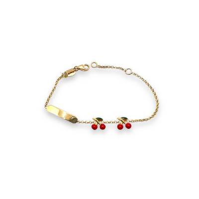 Bracciale Bimba in Oro Giallo con Targhetta e Ciliegie Rosse