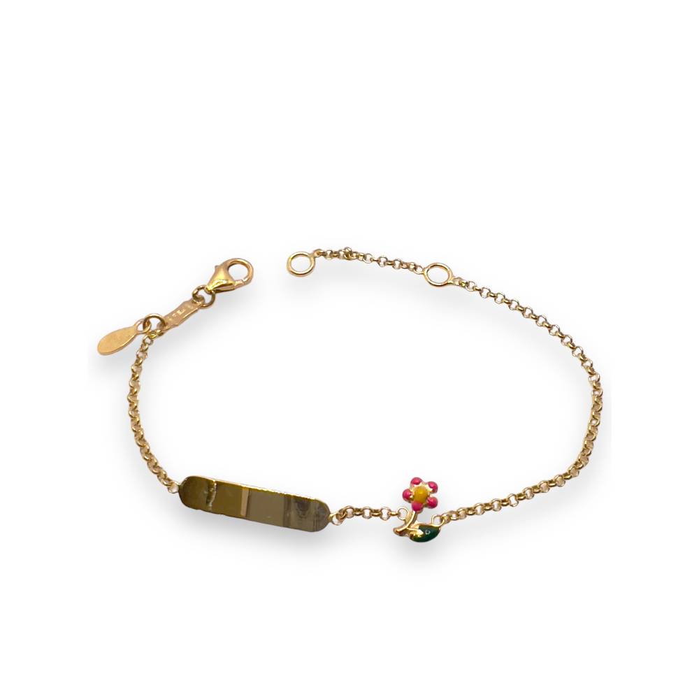 Bracciale Bimba in Oro Giallo con Targhetta e Fiore Smaltato