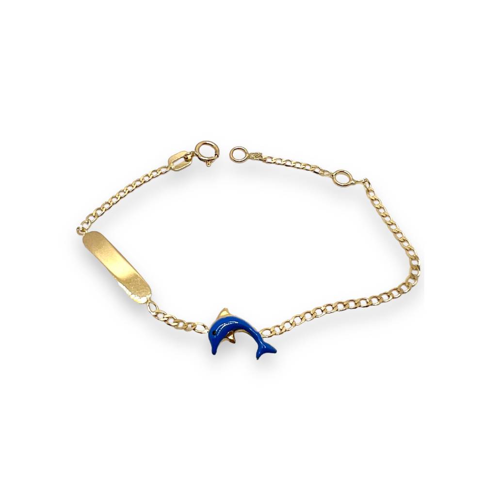 Bracciale Bimbo in Oro Giallo con Targhetta e Delfino Blu