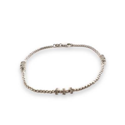 Bracciale in Oro Bianco 18 kt con Sfere Diamantate e Barilotti con Zirconi