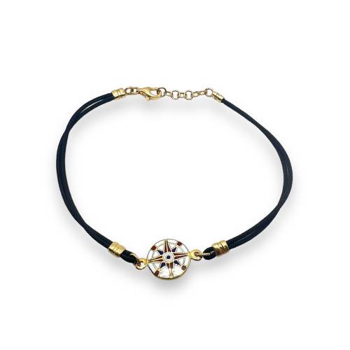 Bracciale con Sagola Nera e Rosa dei Venti in Oro Giallo 18 kt