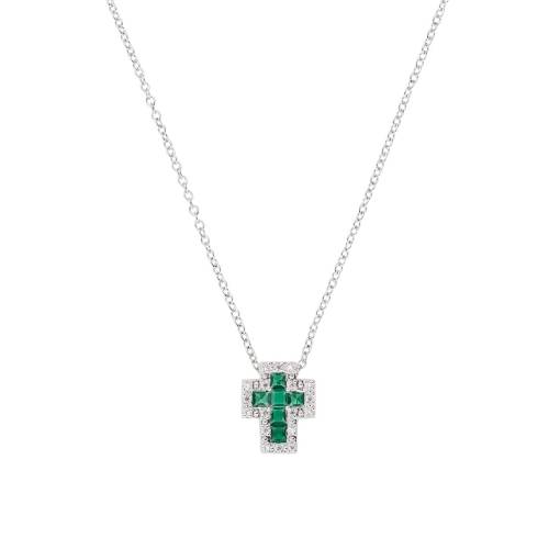 Amen Collana mini Doppia Croce con Zirconi Bianchi e Verde