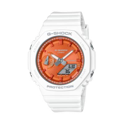 Orologio G-Shock con Cassa Ottagonale in Resina Bianco con Quadrante Arancione