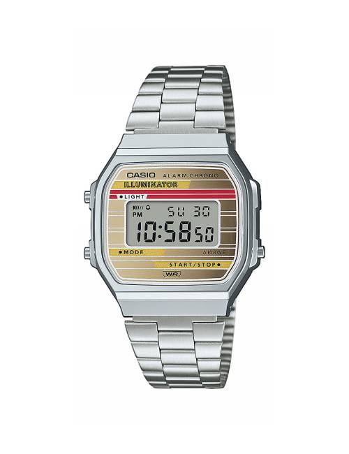 Orologi Casio Vintage in Acciaio con Quadrante Dorato e Rosso