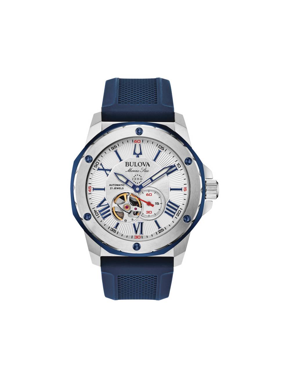 Orologio Bulova da Uomo Marine Star Automatico con Quadrante Bianco e Cinturino in Caucciù Blu