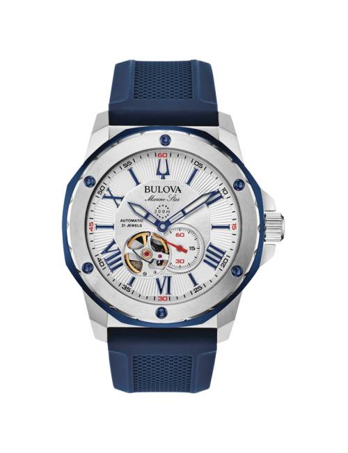 Orologio Bulova da Uomo Marine Star Automatico con Quadrante Bianco e Cinturino in Caucciù Blu