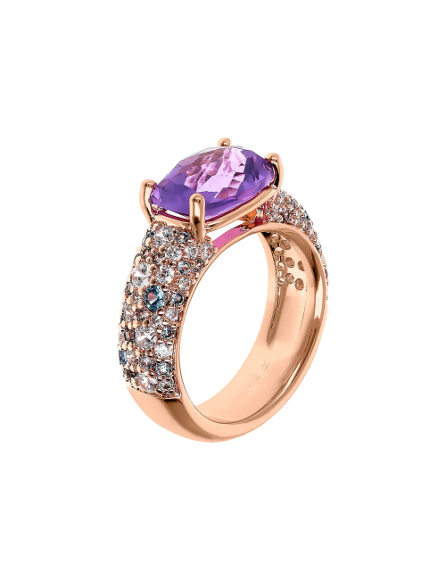 Anello Bronzallure con Prisma Gem Taglio Mosaico Ametista e Pavé di Cubic Zirconia