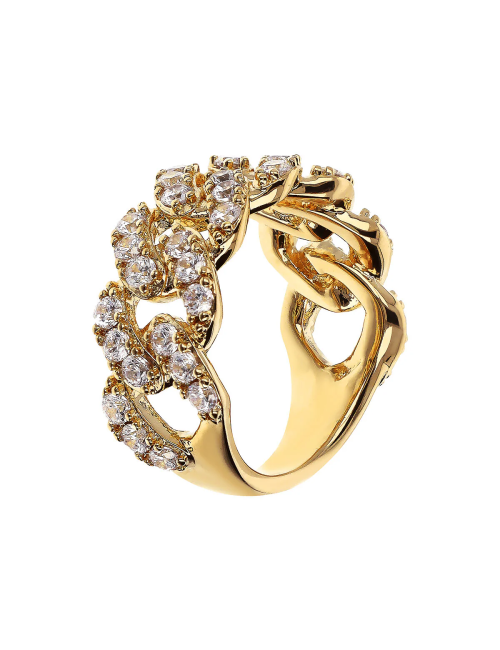 Anello Bronzallure  a Fascia Golden Catena Grumetta Squadrata con Pavé di Cubic