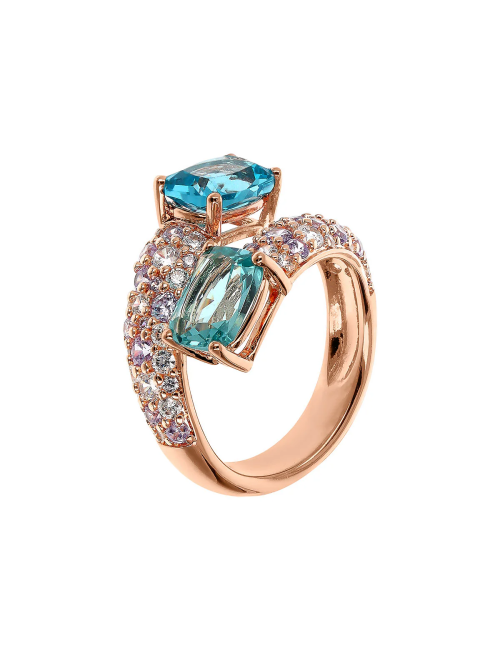 Anello Bronzallure Contrarié con Prisma Gem Taglio Mosaico e Pavé di Cubic Zirconia Paraiba