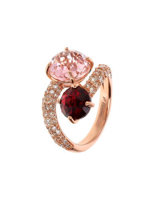 Anello Contrarié con Prisma Gem Tonde e Pavé di Cubic Zirconia Morganite Rubellite