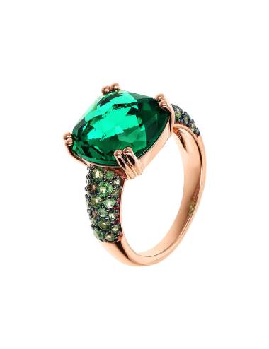 Anello Bronzallire Cocktail con Prisma Gem Quadrata Verde e Pavé