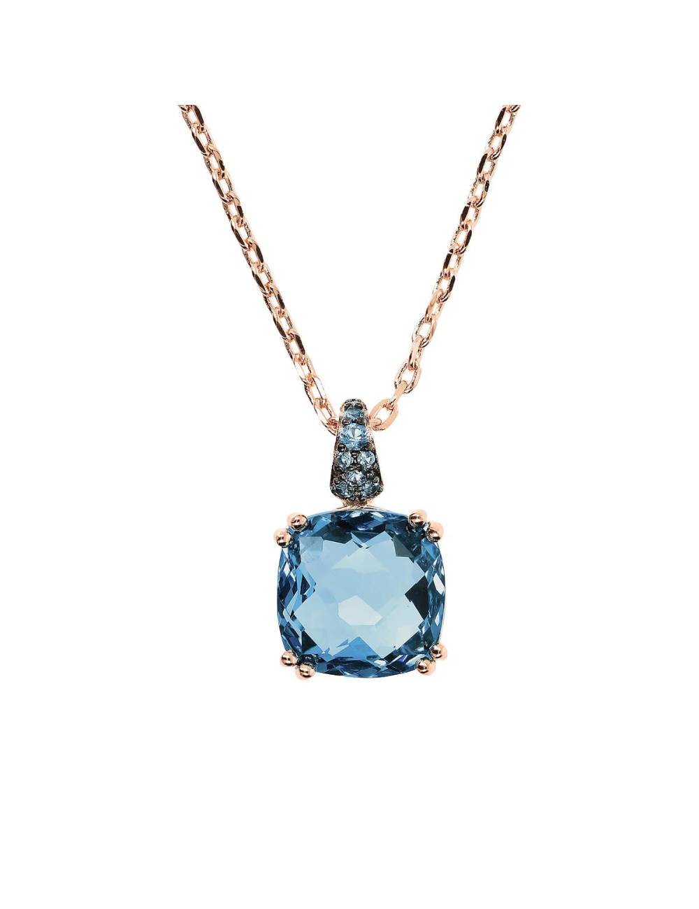 Collana Bronzallure Catena Rolo con Prisma Gem Blu Quadrata e Pavé