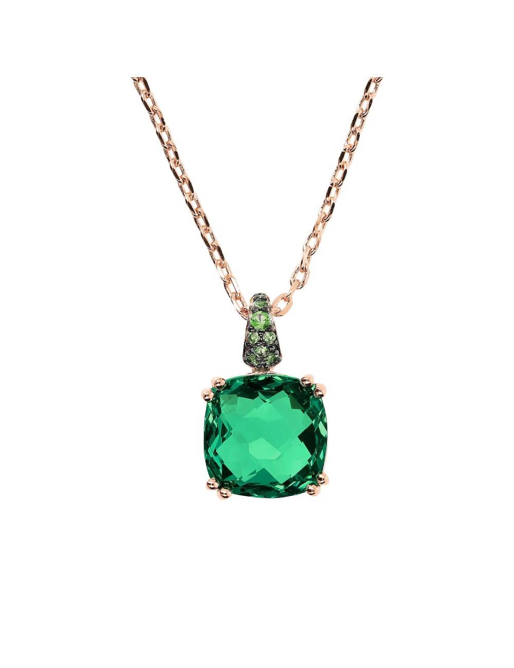 Collana Bronzallure Catena Rolo con Prisma Gem Quadrata Verde e Pavé