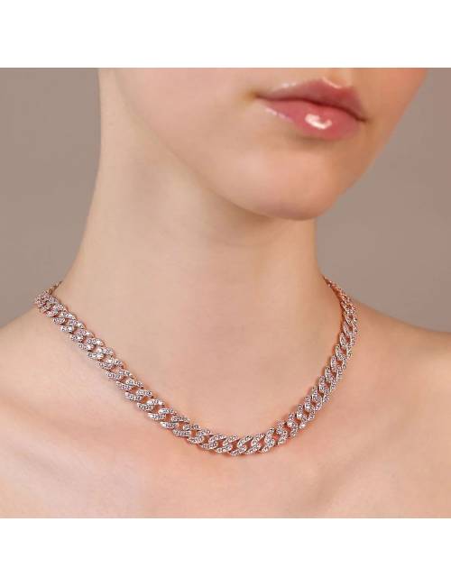 Collana Girocollo Catena Grumetta Squadrata con Pavé di Cubic Zirconia Rosa