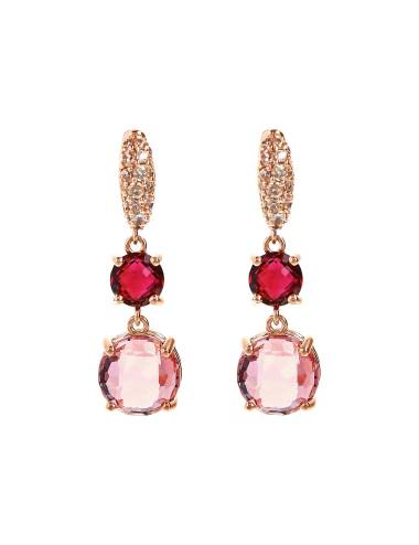 Orecchini Bronzallure Pendenti con Prisma Gem Tonde Rosa e Rossa e Pavé in Cubic Zirconia