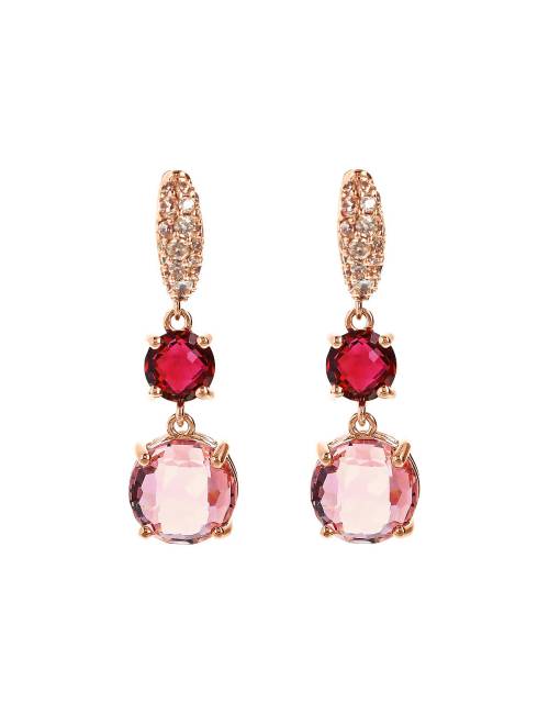 Orecchini Bronzallure Pendenti con Prisma Gem Tonde Rosa e Rossa e Pavé in Cubic Zirconia