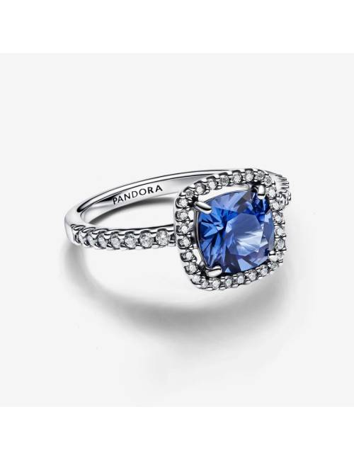 Anello Pandora Punto Luce Quadrato Blu con Zirconi Laterali Bianchi