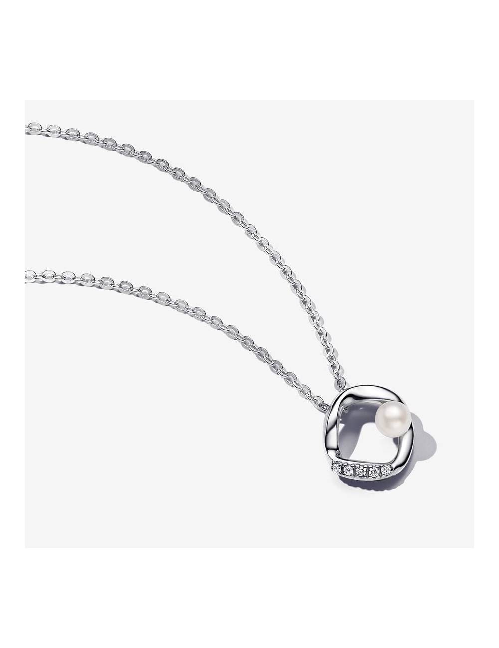 Collana Pandora Cerchio Linea Sinuosa con Perla d'Acqua Dolce Coltivata e Pavè