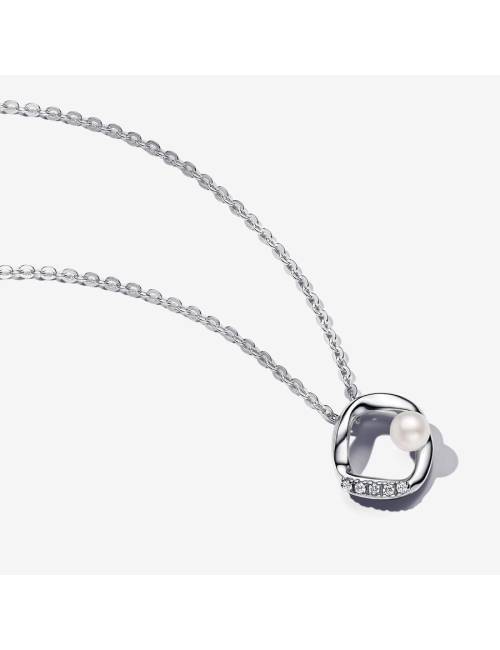 Collana Pandora Cerchio Linea Sinuosa con Perla d'Acqua Dolce Coltivata e Pavè