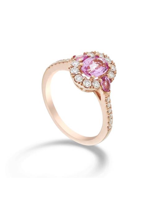 Anello Golay in Oro Rosa con Zaffiro Rosa centrale Taglio Ovale due Zaffiri rosa taglio goccia e Diamanti