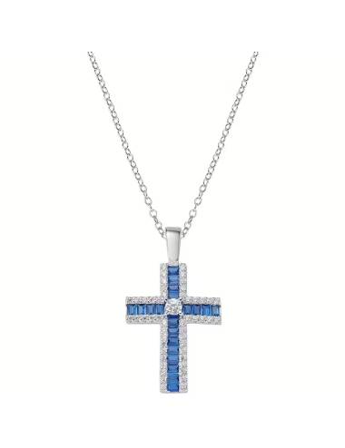 Collana Amen con Croce di Zirconi Blu Baguette e Bianchi