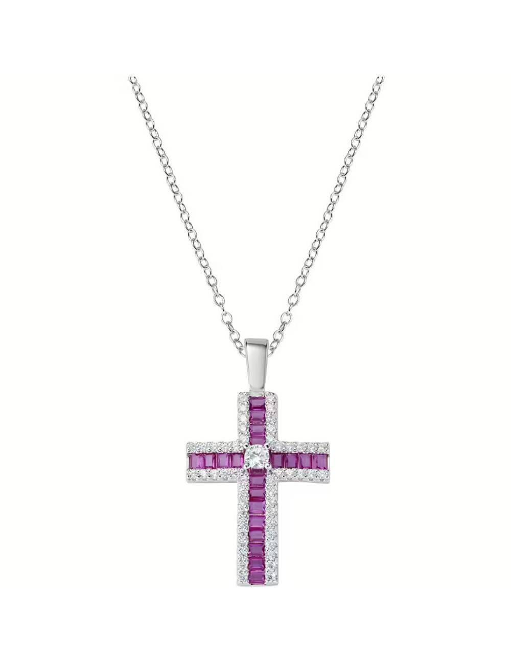 Collana Amen con Croce di Zirconi Rossi Baguette e Bianchi