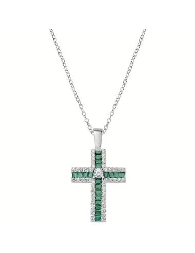 Collana Amen con Croce di Zirconi Verdi Baguette e Bianchi