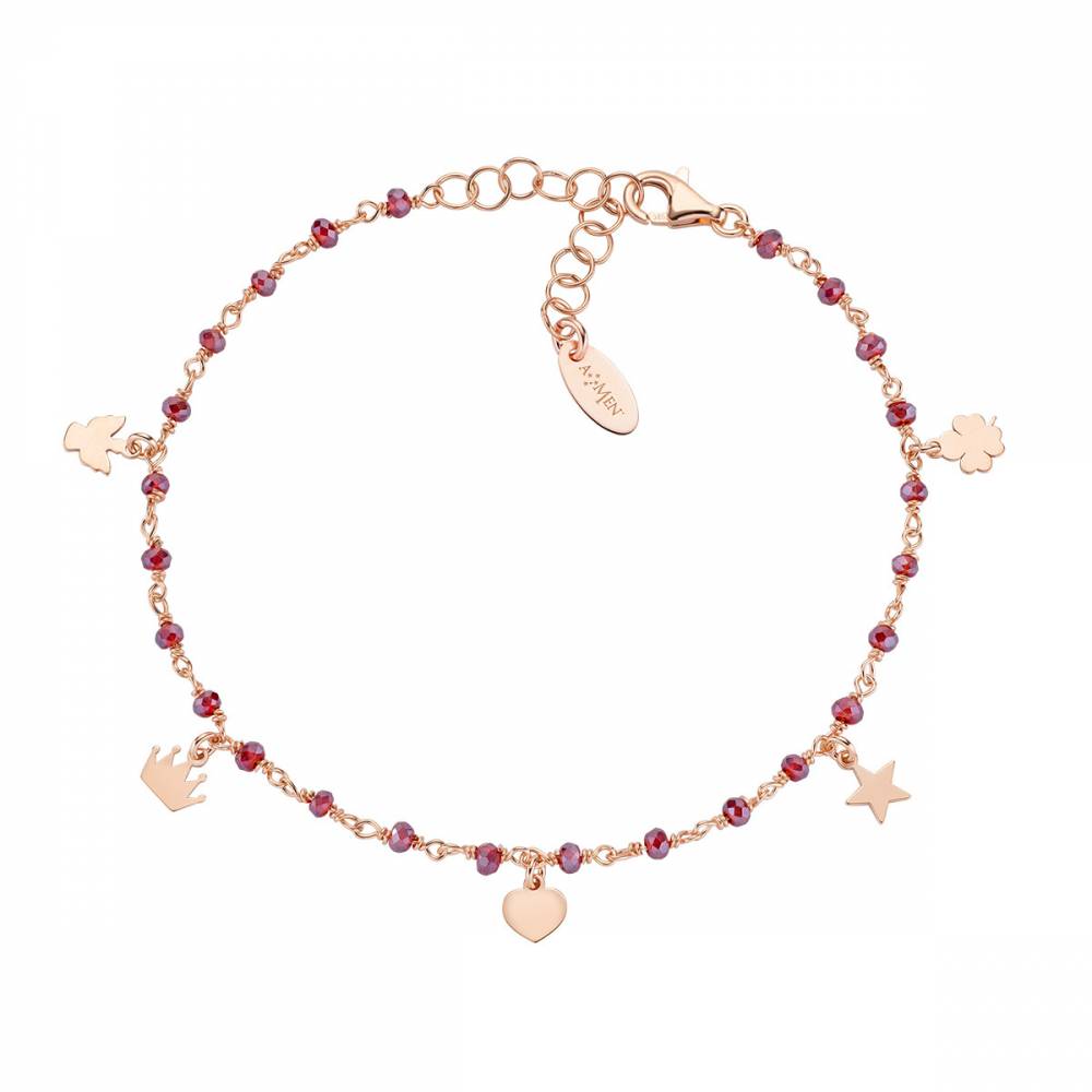 Bracciale Amen con cristalli rossi e simboli pendenti in lega Rosé