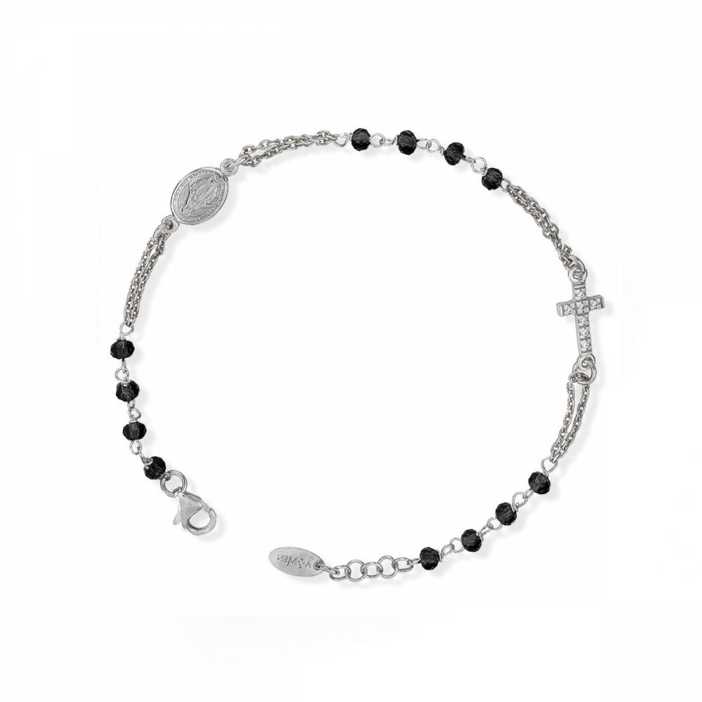 bracciale rosario argento rose' cristalli neri amen