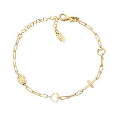 Bracciale Amen con Catena e Croce Miracolosa e Cuori Dorato