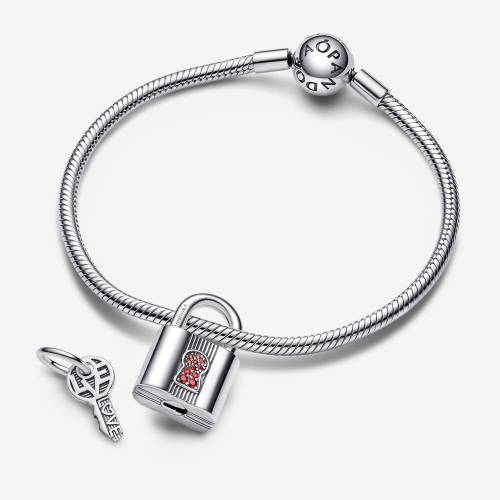 Charm Pandora Pendente Lucchetto e Chiave dell'Amore con Pietre Rosse