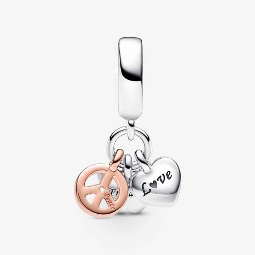 Pandora Charm pendente bicolore triplo Cuore Arcobaleno, Farfalla e Pace