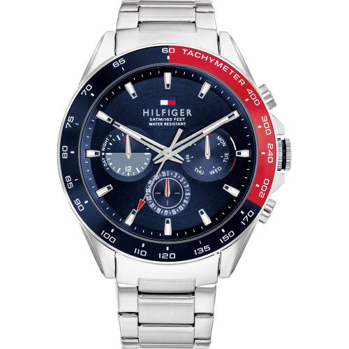 Tommy Hilfiger Orologio in Acciaio con Lunetta Blu e Rossa