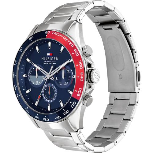 Tommy Hilfiger Orologio in Acciaio con Lunetta Blu e Rossa