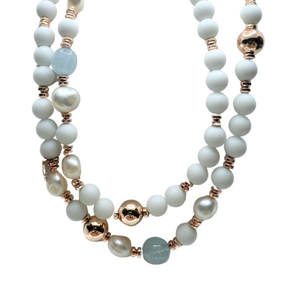 Collana Lelune Lunga con Agata Bianca, Ematite, Perle e Acquamarina LGNK100.3
