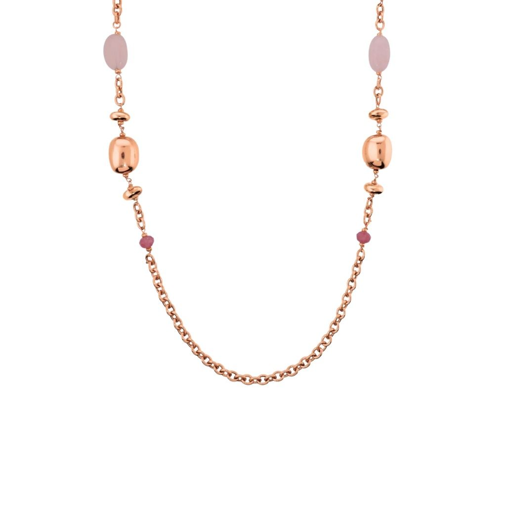 Collana Bronzallure Lunga Pepite Lucide e Pietre Naturali di Quarzite Rosa WSBZ02547.RQ
