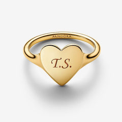 Anillo Pandora de corazón grabable con baño de oro de 14 k
