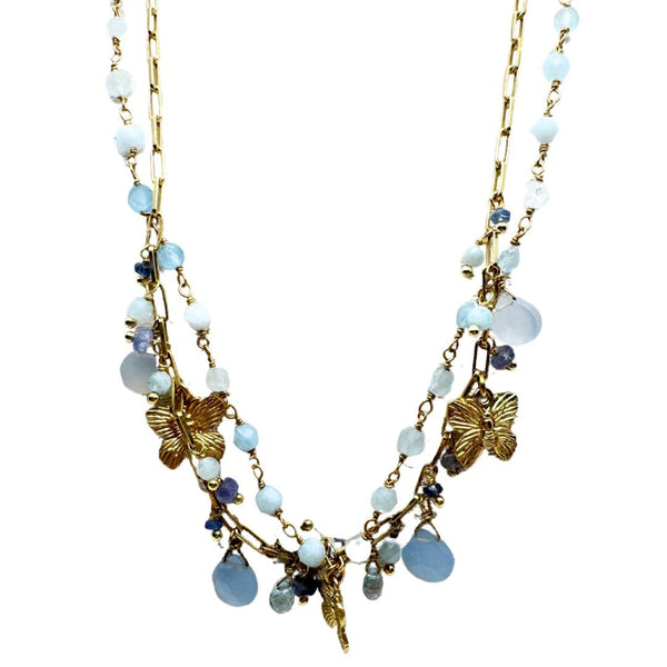 Collar de doble hebra Ishwara con aguamarina y zafiros