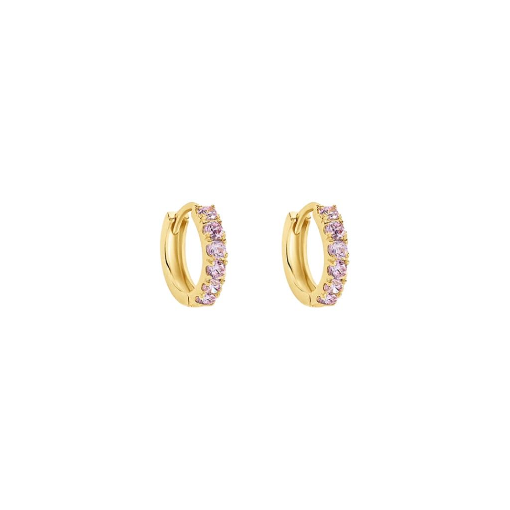 Stroili Toujours Yellow Gold 9 KT Hoop Earrings 8 mm Pink Cubic Zirconia 1411829