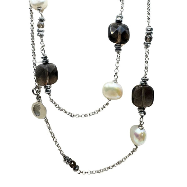 Collana Lelune Lunga con Ematite, Perle e Quarzo Fumè LGNK79