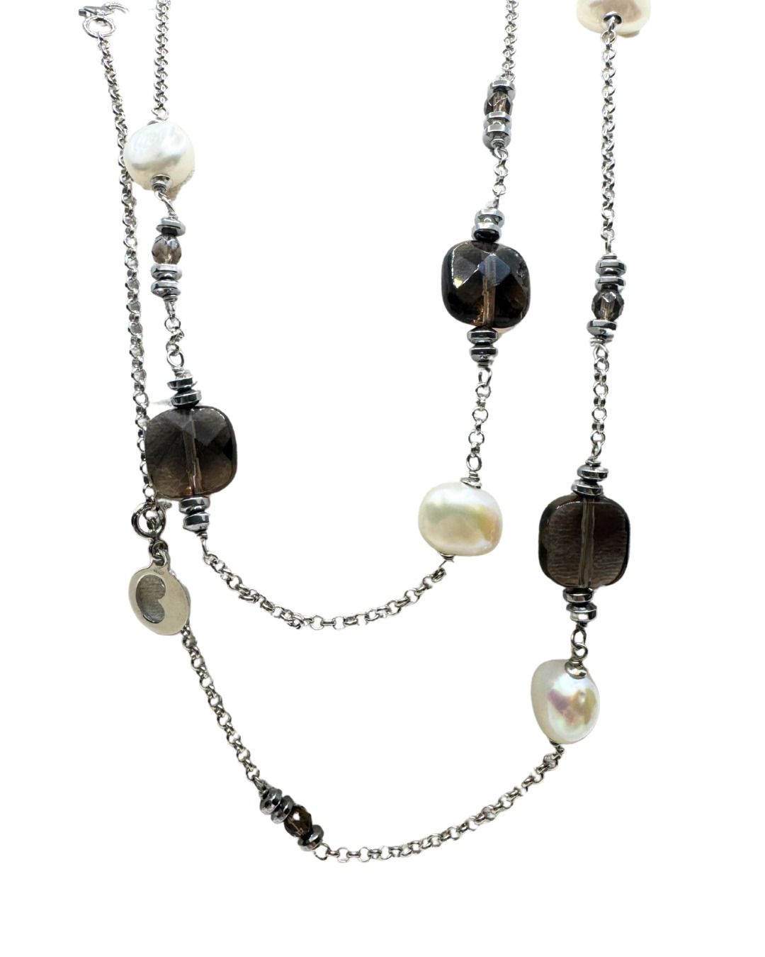 Collana Lelune Lunga con Ematite, Perle e Quarzo Fumè