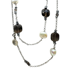 Lelune Long Necklace with Hematite, Pearls and Smoky Quartz