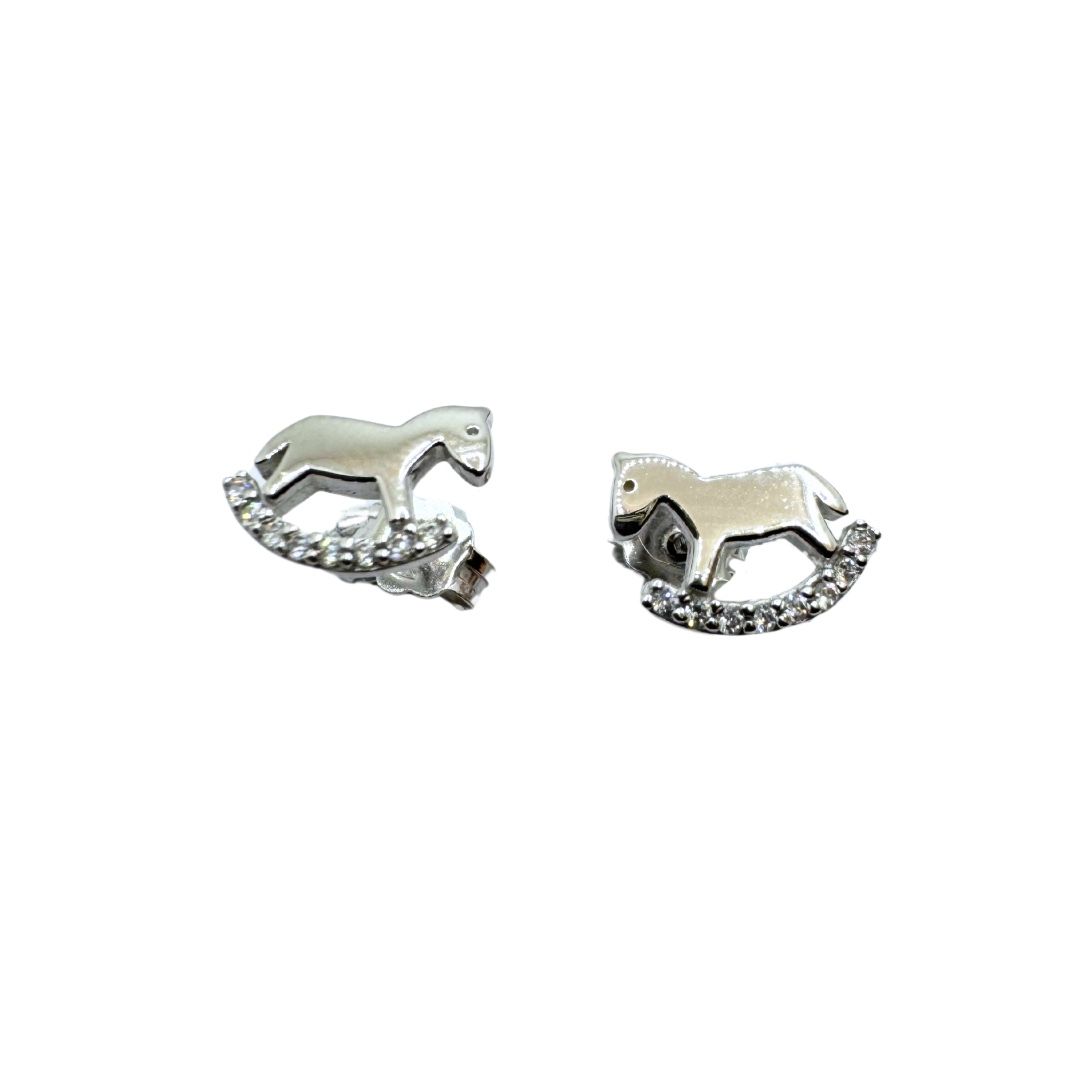 Pendientes Caballo Balancín en Oro Blanco de 18kt y Circonitas