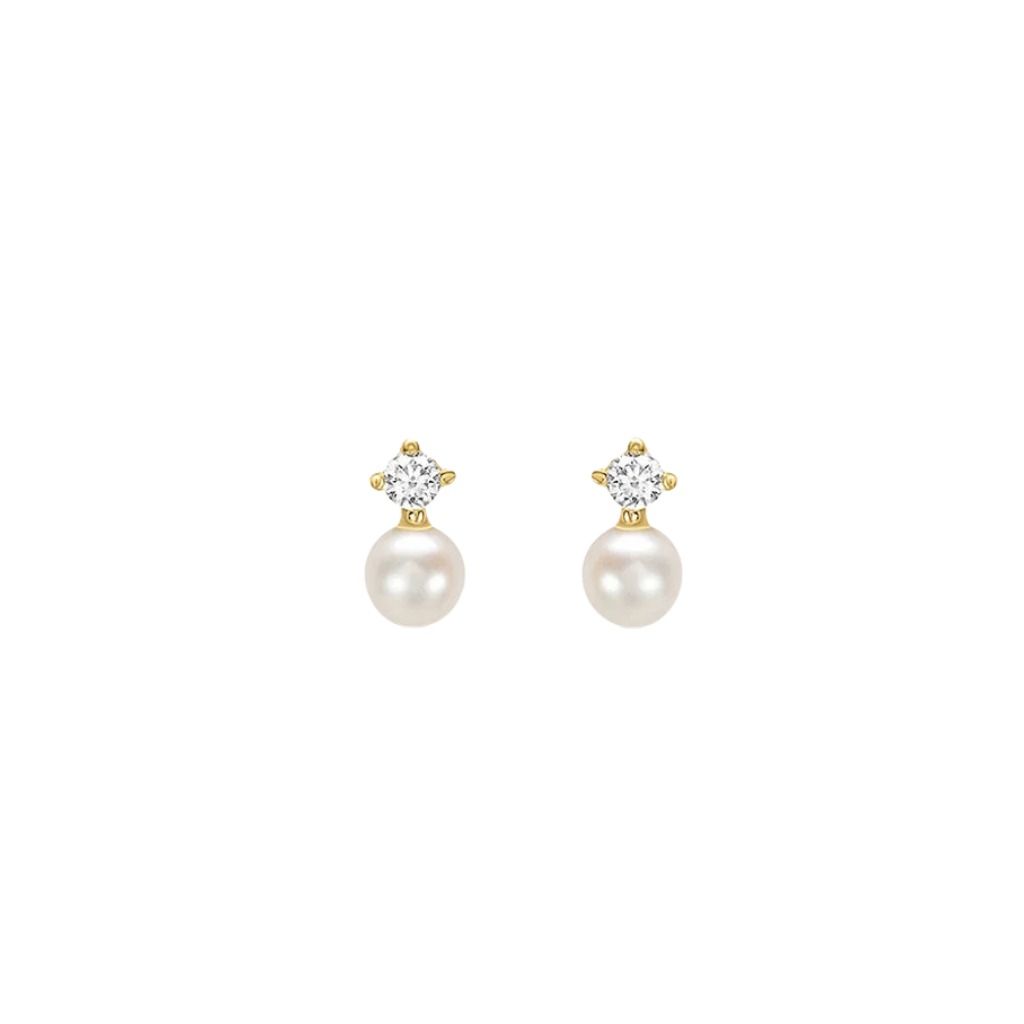 Stroili Bon Ton Yellow Gold 9 KT Stud Earrings, Freshwater Pearl And Cubic Zirconia 1400978