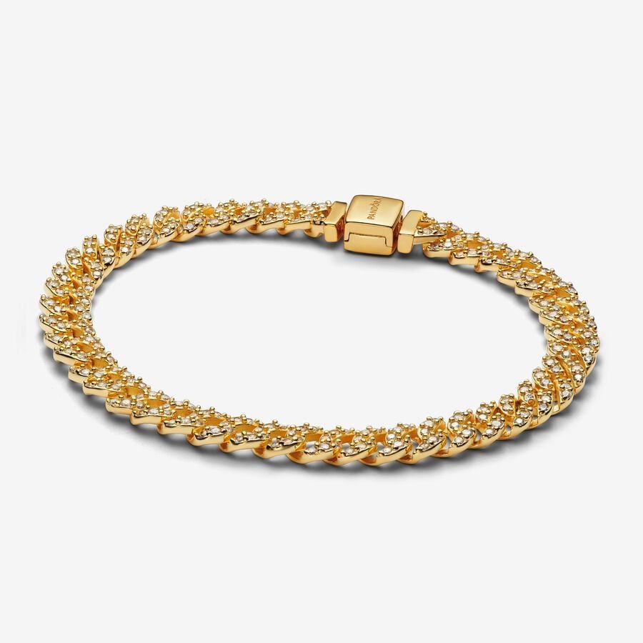 Bracciale Pandora Catena Maglia Cubana Pavè Placcato Oro Giallo