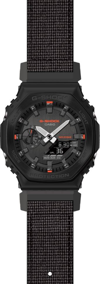 G-Shock Watch with Octagonal Burnished Steel Case and Canvas Strap