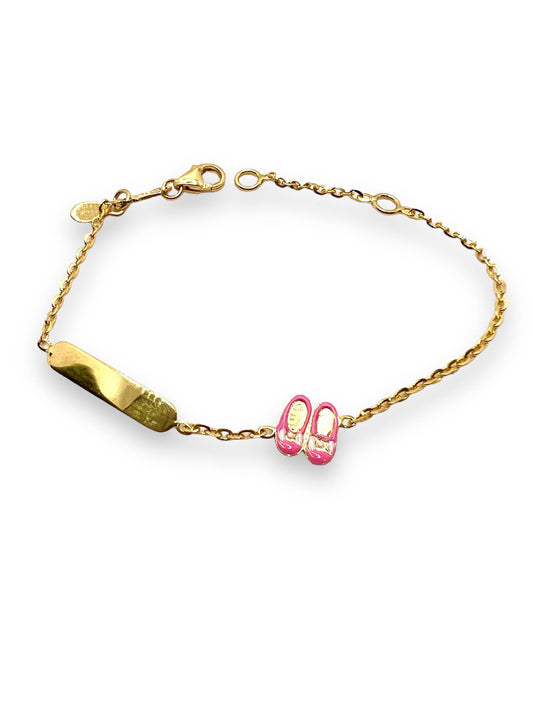 18K Gold Bracelet for Girls with Enamelled Ballet Shoe and Engravable Tag