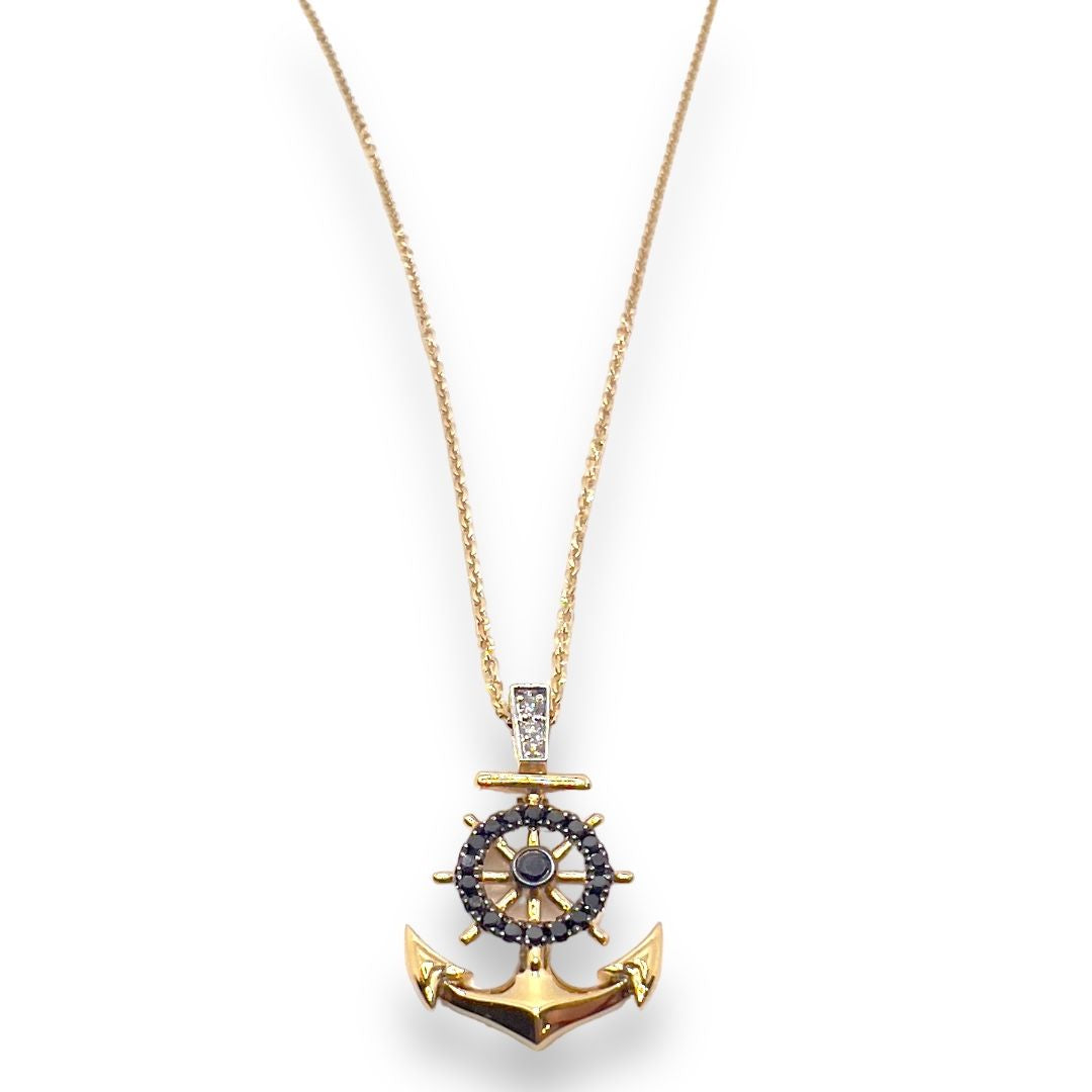 Zancan Men's Necklace in 18kt Yellow Gold with Anchor Rudder Pendant and Diamonds